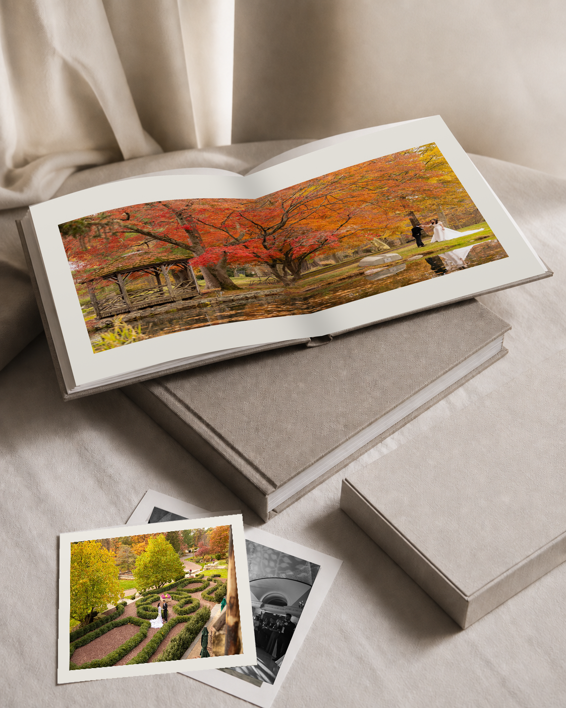 Elegant wedding album and printed photographs